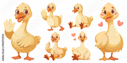 Cheerful set of six adorable baby gosling, duck, or yellow farm animal characters in multiple playful poses including standing, waving, running, and sitting, cute cartoon mascot vector illustration fo