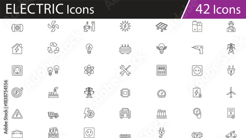 Electricity and energy icons set, power system symbols, electrical engineering tools, renewable sources, battery solar wind elements, industrial components vector pack for technical, educational