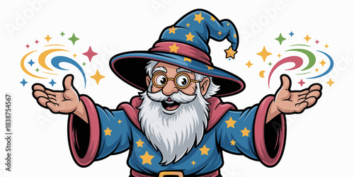 Cheerful old sorcerer wizard mascot character with white beard, glasses, and blue starry robe, casting a mystical spell or displaying powerful magical energy for creative concept presentations, symbol