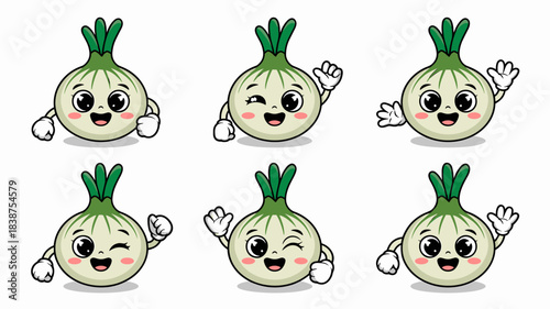 Adorable cartoon onion vegetable character mascot collection set showcasing cheerful expressive gestures like happy waving, smiling, winking, and thumbs up, ideal for healthy eating promotions, recipe