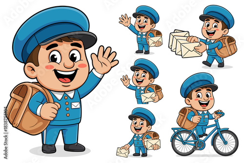 Friendly cartoon postman and letter carrier character set smiling, waving, delivering mail, and riding a bicycle, showcasing a professional delivery service worker in a blue uniform, ideal vector illu