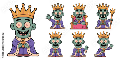 Cute cartoon zombie king mascot character set depicted in various royal poses, waving, sitting on throne, holding scepter, representing an undead monarch or ruler. Perfect spooky Halloween or fantasy