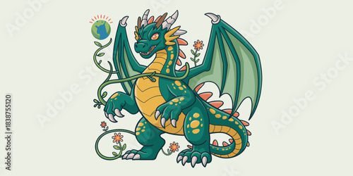A cheerful green cartoon fantasy dragon creature mascot guardian holding the vibrant planet Earth globe entwined with blooming flower vines, symbolizing environmental conservation, sustainability, eco