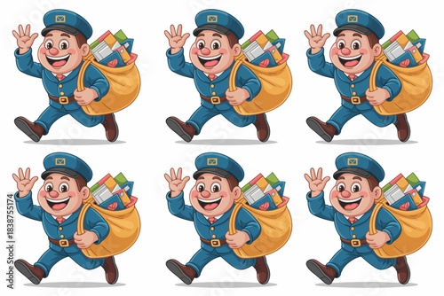 Friendly cartoon postman mail carrier mascot illustration running quickly, waving hello while delivering a heavy sack of letters and parcels; a cheerful graphic design element for reliable postal serv