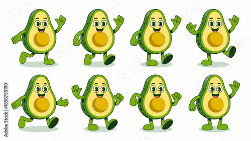 Vibrant green avocado cartoon mascot character animation sprites showing various running, walking, and waving actions, perfect vector illustration set for organic food marketing, diet promotion, happy