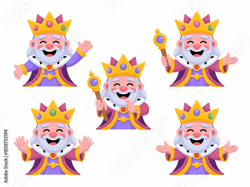 Cheerful cartoon king character vector illustration set showing happy monarch in royal purple robe and golden crown with scepter, greeting and smiling, perfect for mobile app game UI design assets and
