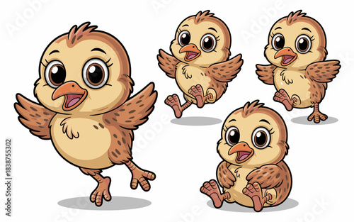 Adorable cartoon baby bird chick collection featuring four unique joyful poses actively jumping, running, flying, and sitting happily, ideal for spring holiday marketing, children's books, nursery edu
