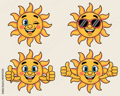 Bright, cheerful, and friendly cartoon sun character mascot set displaying multiple positive emotional expressions, including a wink, cool sunglasses, and strong double thumbs up gestures of success a