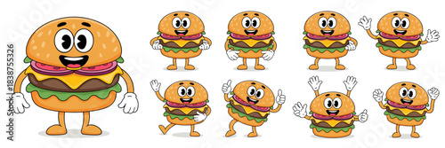 A joyful collection of ten classic rubber hose cartoon hamburger mascot characters in various cheerful poses like waving, dancing, and giving a thumbs up, providing a complete vector illustration pack