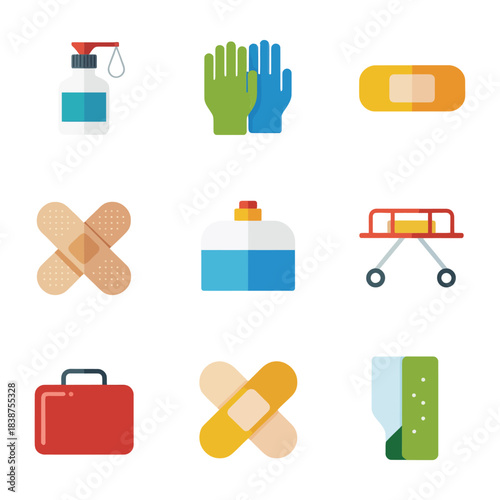 First aid medical supplies icons, bandage gloves spray stretcher bottle kit symbols, emergency healthcare support, flat vector illustration set