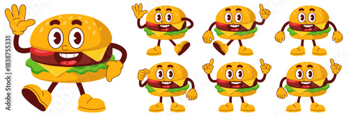 A groovy cartoon hamburger mascot character set collection showing multiple dynamic poses like walking, waving, and pointing up, ideal for cheerful fast food advertising, restaurant promotion, brandin