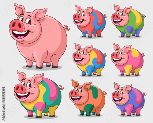 Eight cheerful, cute, colorful cartoon pigs illustration collection, featuring a variety of bright, vibrant patchwork patterns, happy smiling faces, and a single pink swine character design for farm a