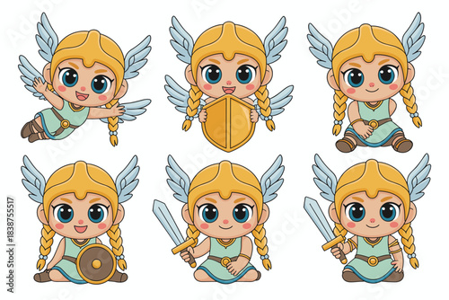 Cute chibi cartoon Valkyrie character set illustration, featuring six different action poses including flying, standing with shield, and sitting holding a sword, a brave Nordic mythological warrior go