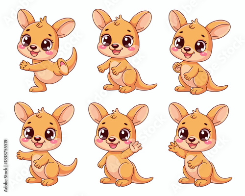 Delightful collection of six adorable baby kangaroo characters (joeys) sitting, standing, and waving happily, featuring a cute cartoon vector style and cheerful expressions for children's books, educa