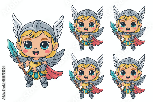Adorable cartoon chibi blonde Valkyrie goddess character wearing silver winged helmet and gold armor, holding a sharp spear, a cute mythology mascot design for fantasy games, kids' education, and hero