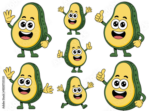 Happy cartoon avocado character set waving hello, giving a thumbs up sign, and running in various expressive poses, ideal for healthy eating promotions, vegan diet advertising, food packaging design,