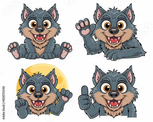 Friendly gray cartoon wolf pup mascot character set displaying various positive moods and emotions like happy smiling, waving, and a thumbs up for approval, perfect vector illustration for children's