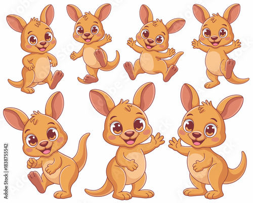 A collection of adorable cute baby kangaroo joey characters performing various actions like hopping, waving, and standing, presented as cheerful, friendly cartoon illustrations, isolated vector graphi