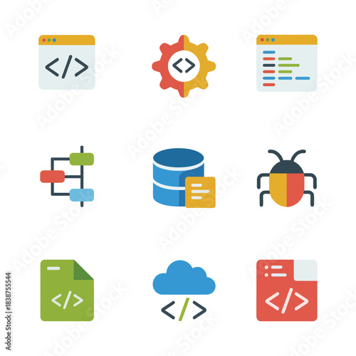 Web development illustration pack, coding file cloud database bug elements, application development process theme, modern flat vector design
