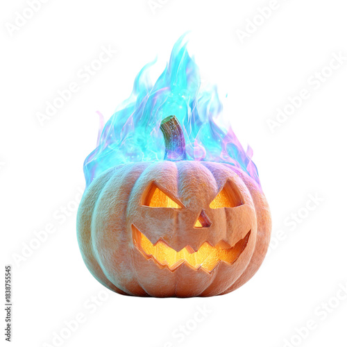Halloween pumpkin with glowing eyes and colorful blue-purple flame, isolated on a transparent background