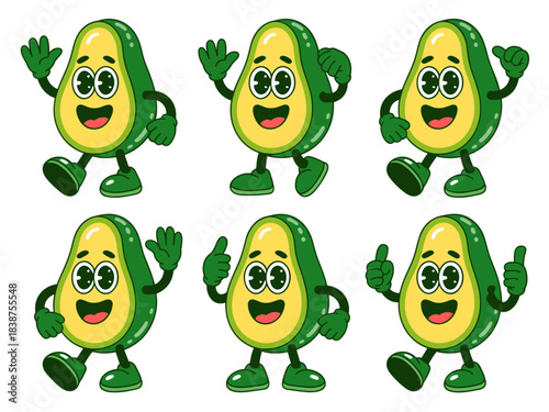 Groovy anthropomorphic avocado cartoon character collection featuring six cheerful, happy poses like walking, waving, and giving a successful thumbs up gesture, a fun vector illustration graphic resou