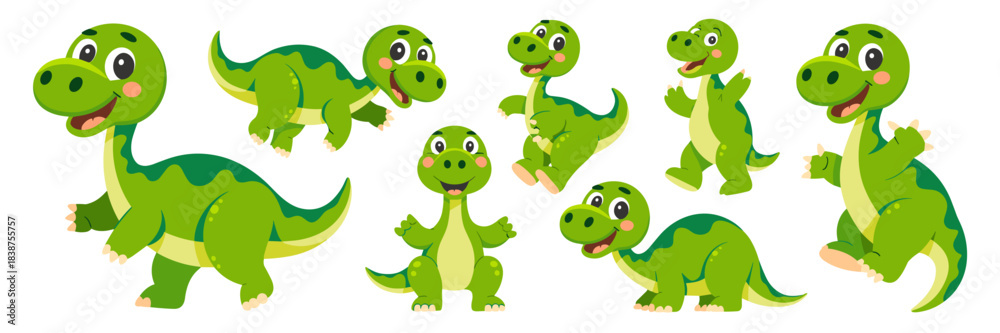 Obraz premium Adorable baby green dinosaur characters cartoon vector collection set isolated on white, featuring friendly smiling playful prehistoric fauna mascots for creative children's education, marketing, digi