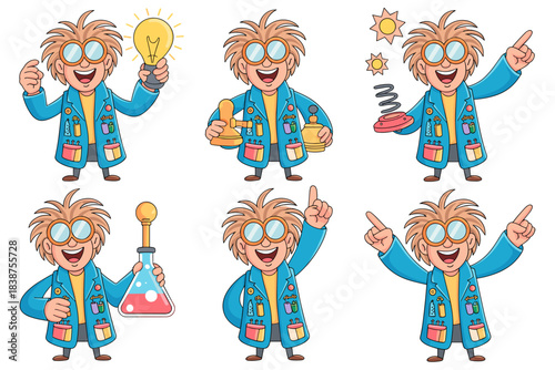 Cheerful, smart cartoon scientist character illustration in a blue lab coat and goggles, enthusiastically sharing discovery and innovative ideas, useful for teaching STEM education, research, technolo