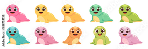 Adorable cartoon baby seals set, ten brightly colorful marine animal pups smiling happily, simple flat vector illustration design, cheerful characters perfect as a friendly mascot or graphic resource