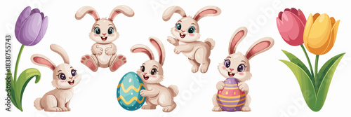 A charming collection of cute cartoon Easter bunnies and playful baby rabbits jumping, sitting, and happily holding colorful decorated eggs beside vibrant spring tulips, ideal vector graphic illustrat