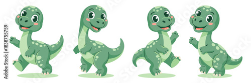 Adorable baby green dinosaur cartoon character collection set, happy prehistoric reptile mascots running, jumping, and walking in a playful vector illustration, ideal graphic resource for kids' educat