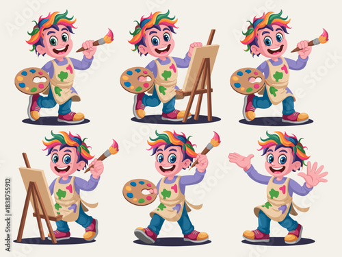 A vibrant vector illustration set of a young happy artist boy mascot wearing a paint-splattered apron and sporting colorful rainbow hair, actively engaged in painting, drawing, holding a palette and b