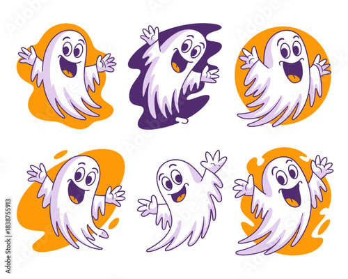 Six friendly cartoon ghost characters flying and waving arms, forming a playful spectral vector illustration set designed for spooky Halloween holiday marketing, fun seasonal celebration assets, websi