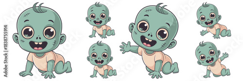 Adorable creepy cartoon baby zombie character set illustration showing a smiling undead infant crawling in various action poses, featuring pale teal skin and stitches, ideal for Halloween parties, spo