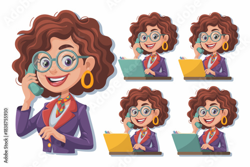 Professional and cheerful cartoon businesswoman with glasses and curly brown hair, efficiently providing customer service support via telephone call while multitasking at a desk with a laptop computer