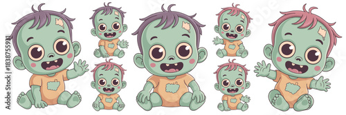 Adorable cute cartoon zombie baby character illustration sitting happily waving with a wide smile and tiny fangs, featuring undead toddler wearing a patched orange onesie and green skin, perfect spook