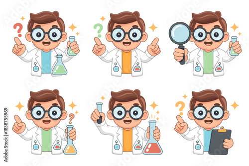 Adorable cartoon student scientist boy character set vector illustration, depicting happy kid conducting chemistry lab research, holding flasks, magnifying glass, pointing, representing education, inv