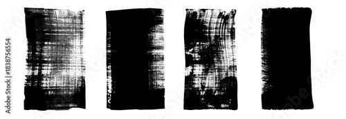 Set of 4 grunge rolled ink stamp textures handmade with brayer. Letterpress vintage rough irregular rectangle vertical background. Linocut relief printing shapes  illustration ON  transparent backdrop