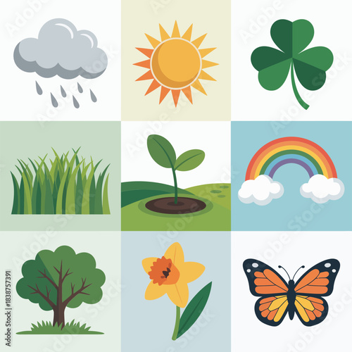 Seasonal nature weather and growth icons set, sun rain cloud grass rainbow tree flat vector illustration