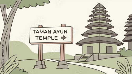 Illustrated directional sign to Taman Ayun Temple in Bali showcasing unique tiered architecture