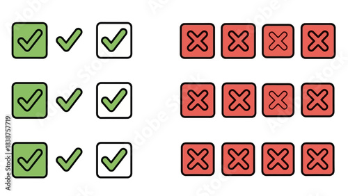 Collection of green checkmarks and red crosses in boxes and standalone