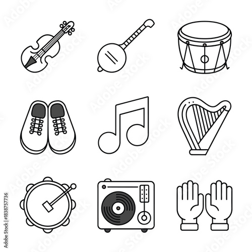Traditional Irish music instruments collection, fiddle banjo drum harp record clapping hands line flat vector illustration