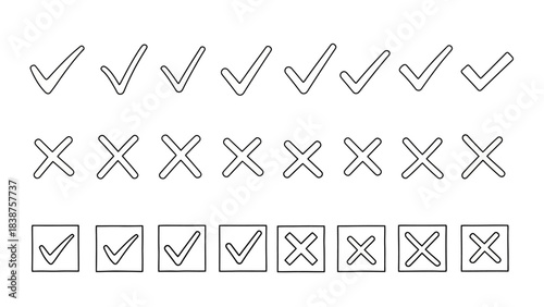 Collection of Hand-Drawn Checkmarks and Crosses in Various Styles and Boxes