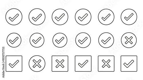 Set of Checkmarks and Cross Marks Icons in Circles and Squares