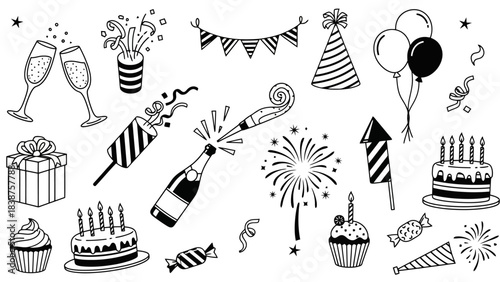 Hand-Drawn Celebration Party Elements Collection Vector Illustration for Festive Occasions