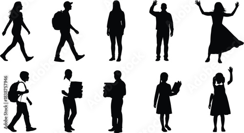 Set of black silhouettes of students walking with backpacks and books, adults and kids waving hands, vector illustration isolated on white background.Set of 