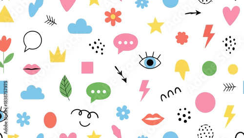 Seamless Pattern of Colorful Abstract Shapes, Icons, and Doodles on White Background