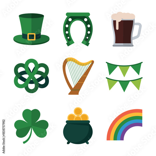 Irish lucky charms and music elements set, clover knot harp horseshoe banner rainbow festive flat vector illustration