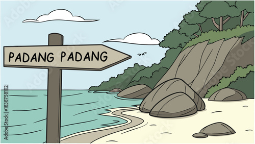 Cartoon illustration of a welcoming beach sign pointing to Padang Padang in Bali