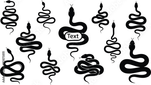 Set of black snake silhouettes coiling and slithering, top view of venomous serpent vector illustration isolated on white background for logo design.