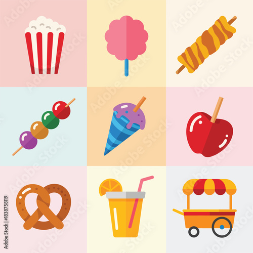 Fairground sweets and drinks collection, cotton candy skewers juice cart dessert snacks colorful flat vector illustration